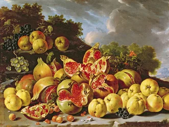 Stilleben med granatäpplen, äpplen, körsbär och druvor